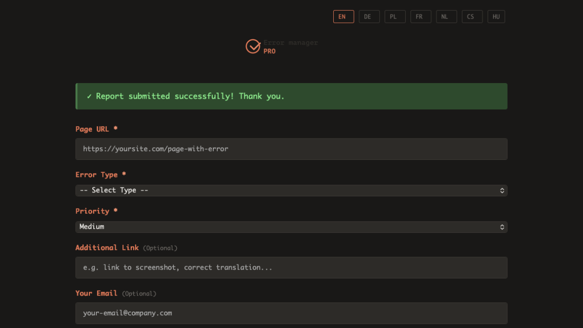 Error Manager PRO Form